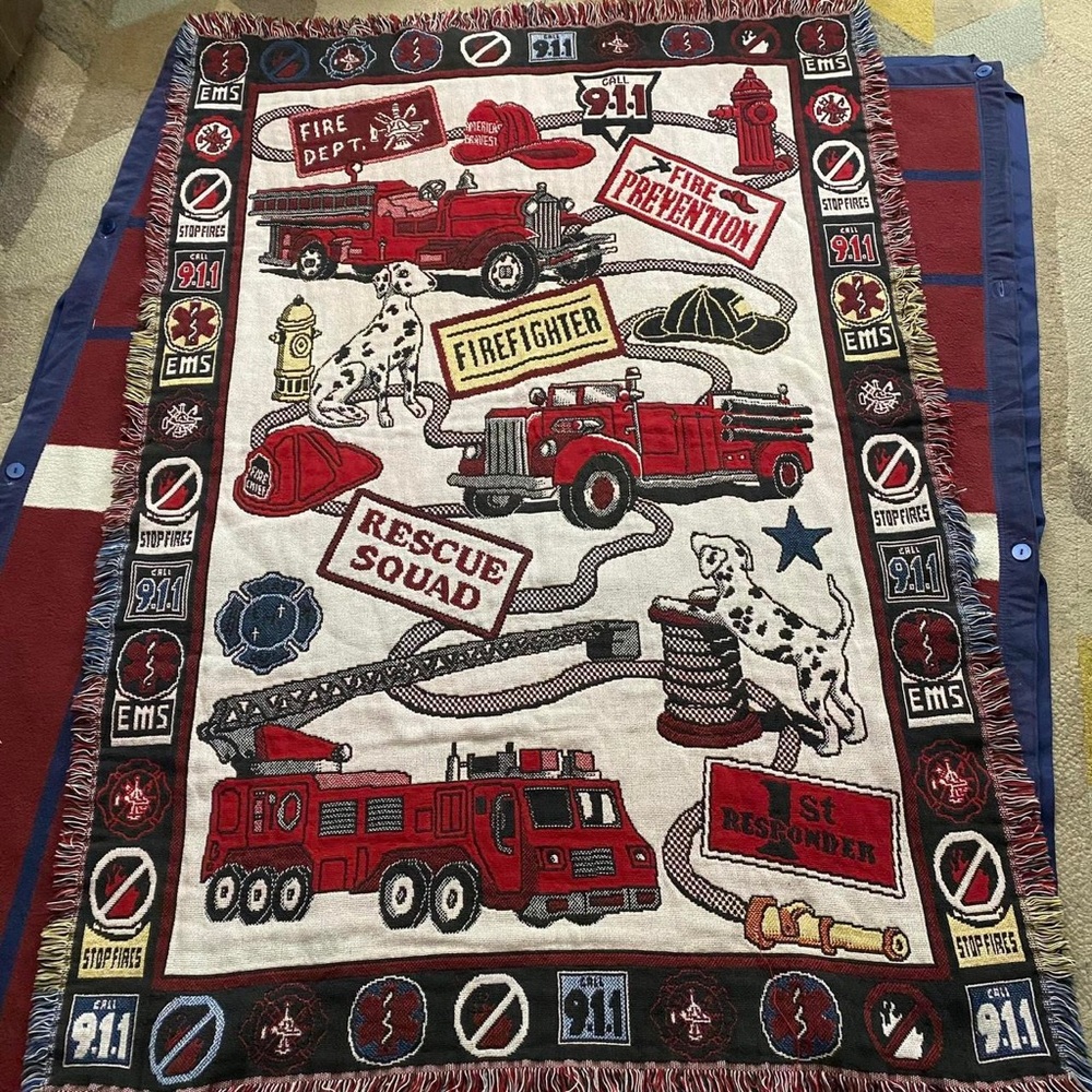 Goodwin Weavers Firefighter Fire trucks tapestry blanket 1st responder EMS dogs